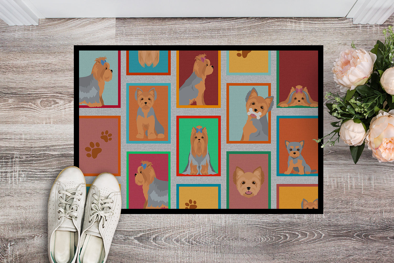 Lots of Blue and Tan Yorkie Indoor or Outdoor Mat 18x27 - the-store.com