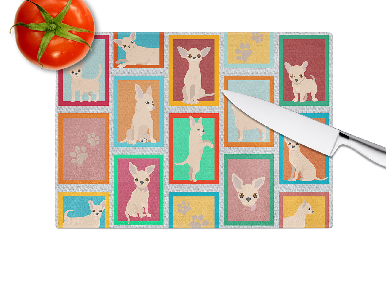 Lots of Cream Chihuahua Glass Cutting Board Large - the-store.com