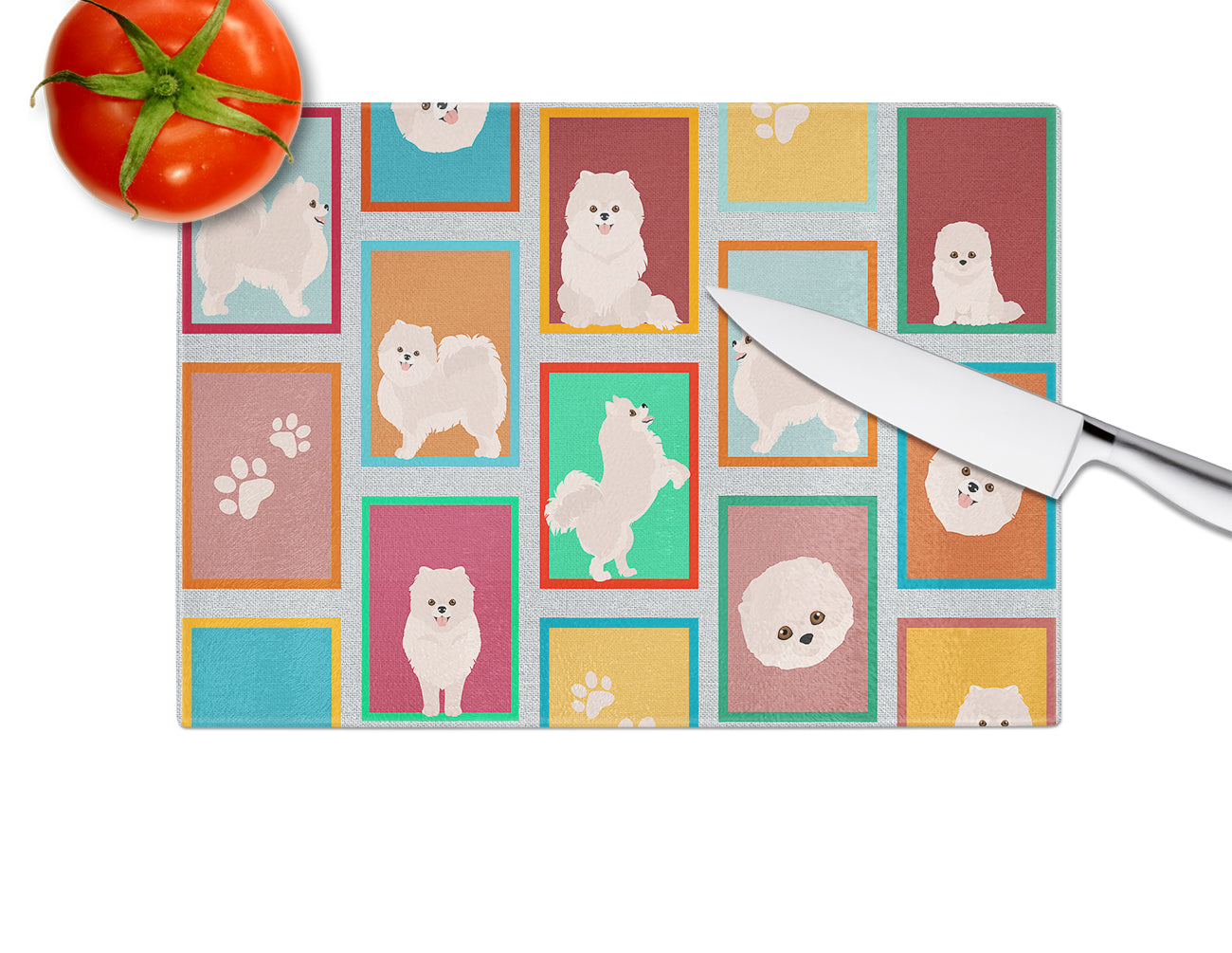 Lots of White Pomeranian Glass Cutting Board Large - the-store.com