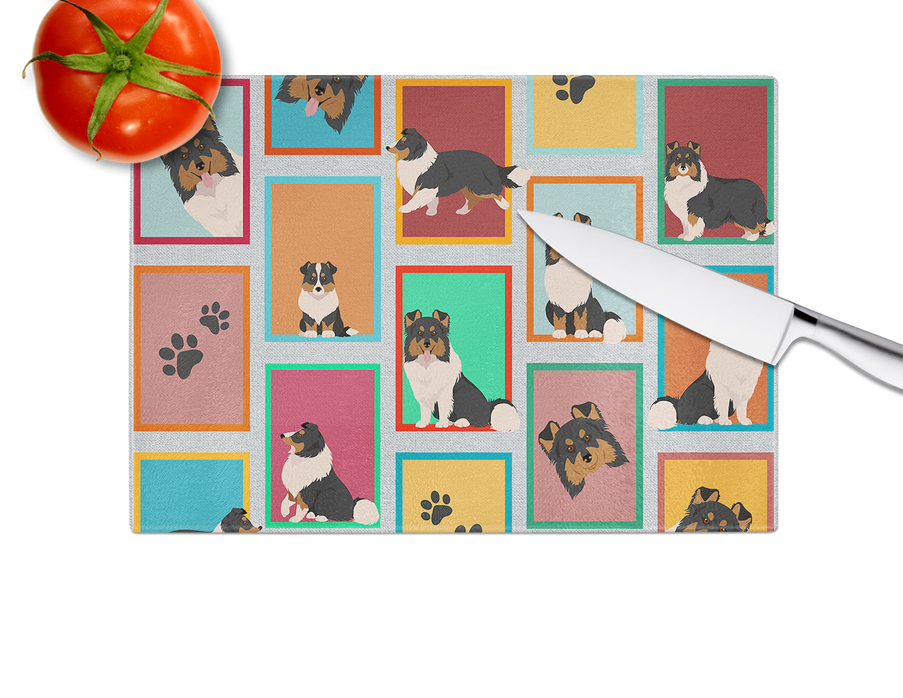 Lots of Tricolor Sheltie Glass Cutting Board Large - the-store.com