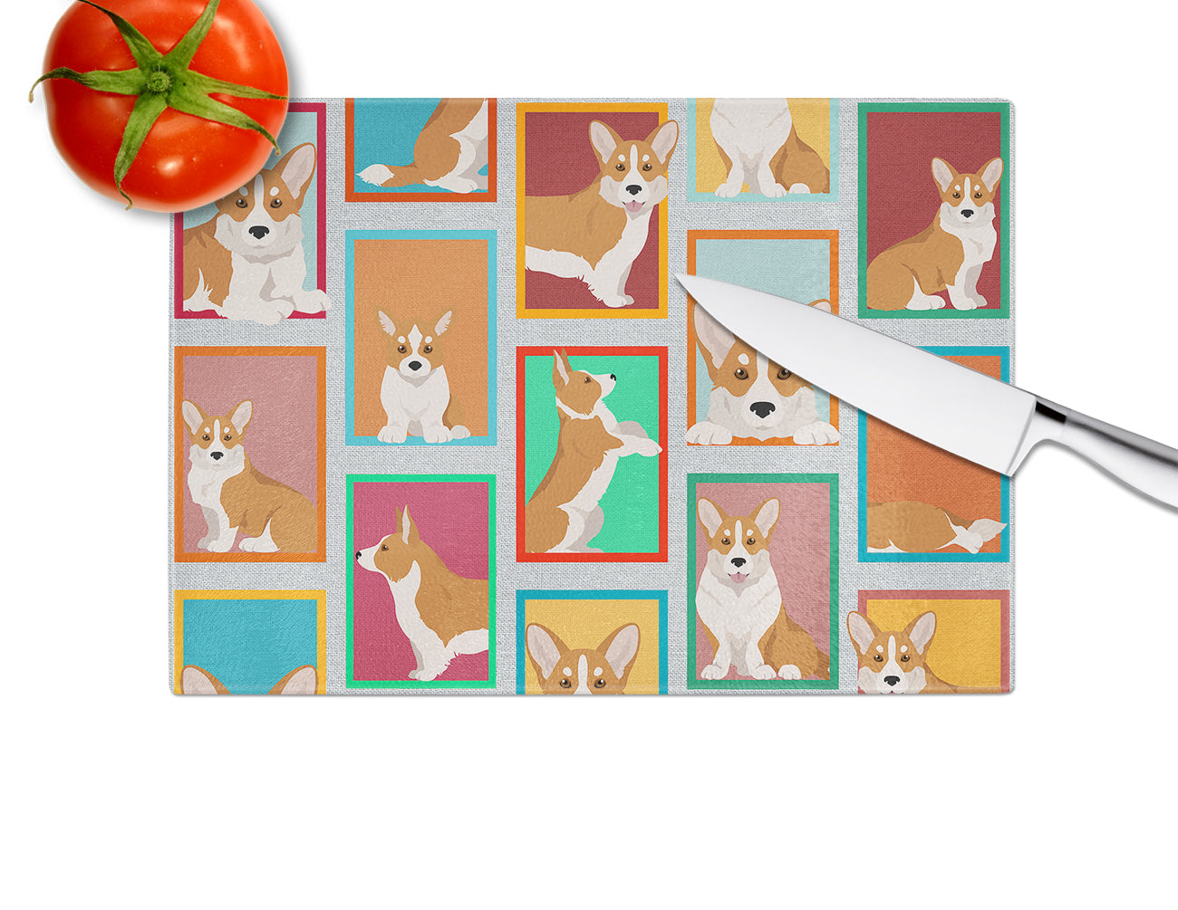 Lots of Red Cardigan Corgi Glass Cutting Board Large - the-store.com