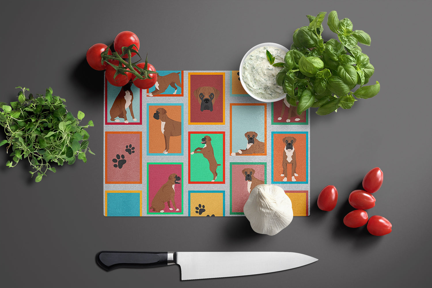 Lots of Black Face Boxer Glass Cutting Board Large - the-store.com