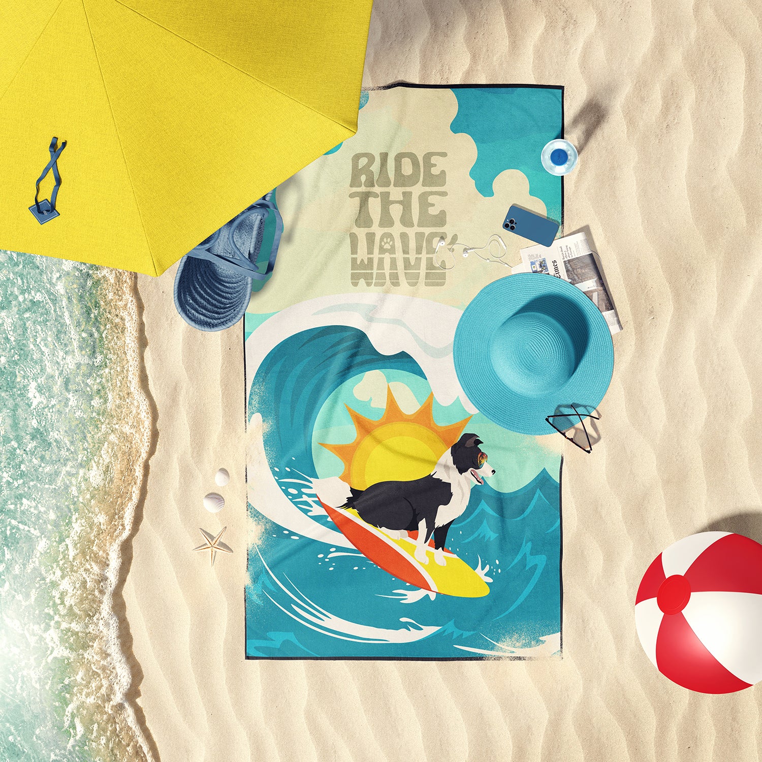 Surfer Dog Border Collie Premium Beach Towel