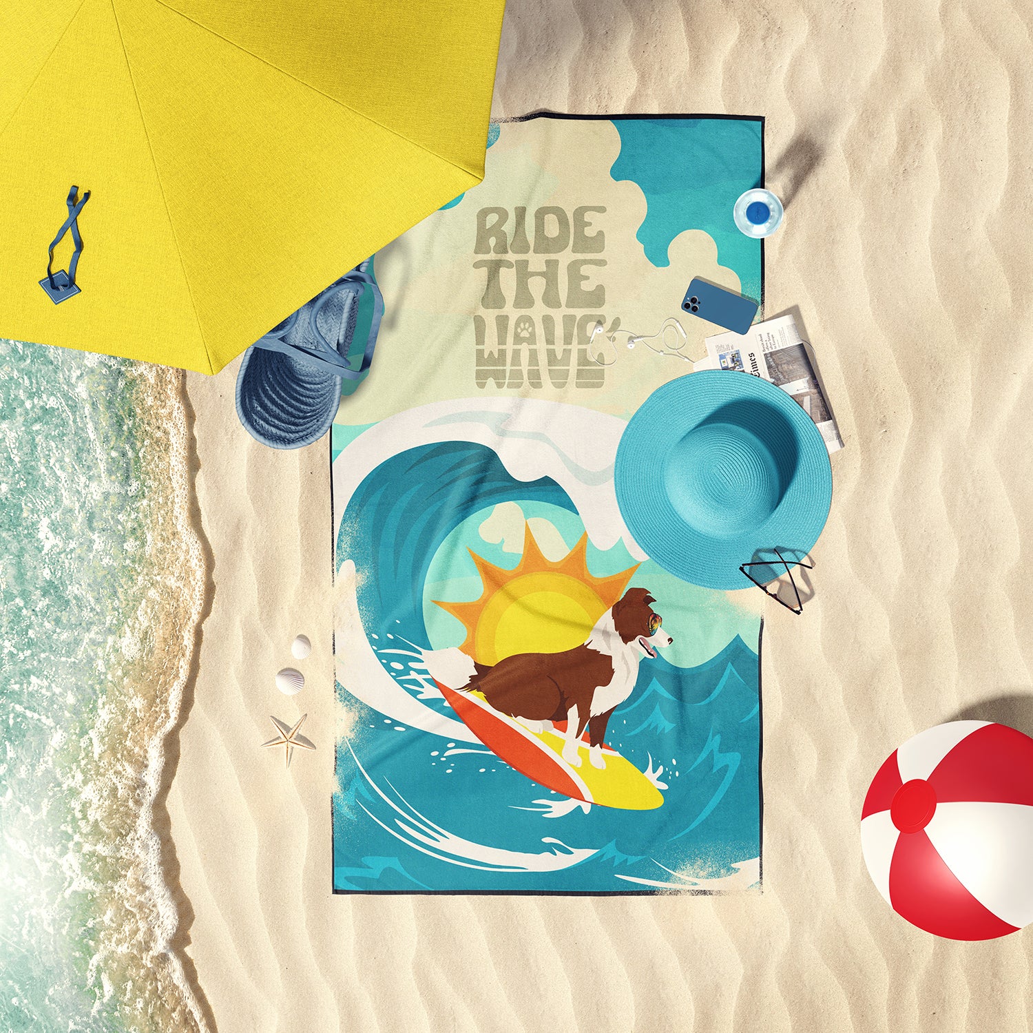 Buy this Surfer Dog Red Border Collie Premium Beach Towel