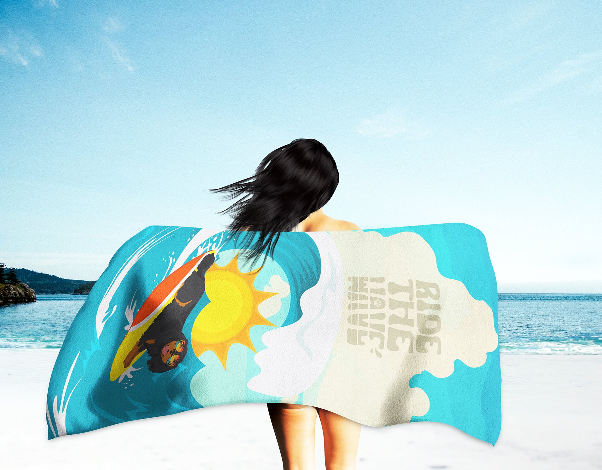 Surfer Dog Black and Tan Cavalier Spaniel Premium Beach Towel