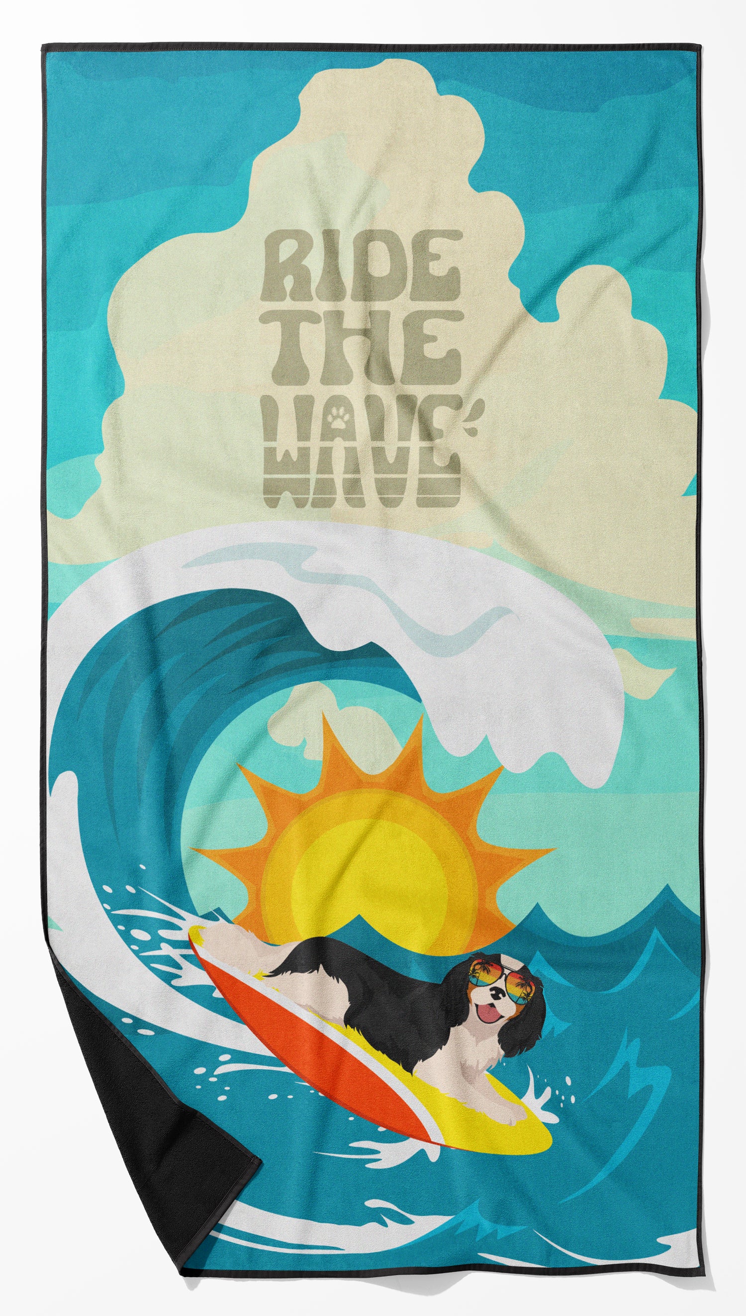 Buy this Surfer Dog Tricolor Cavalier Spaniel Premium Beach Towel