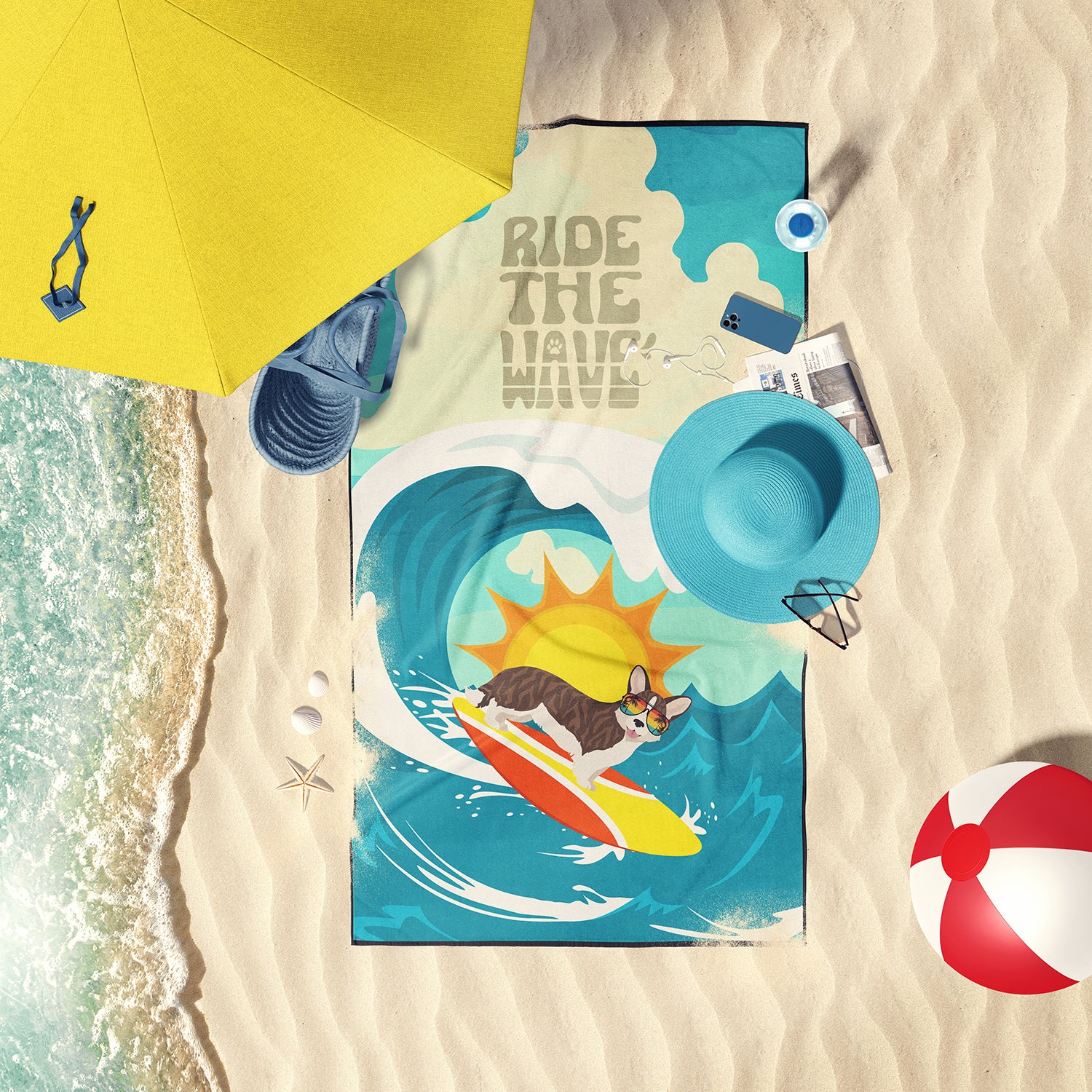 Surfer Dog Brindle Cardigan Corgi Premium Beach Towel