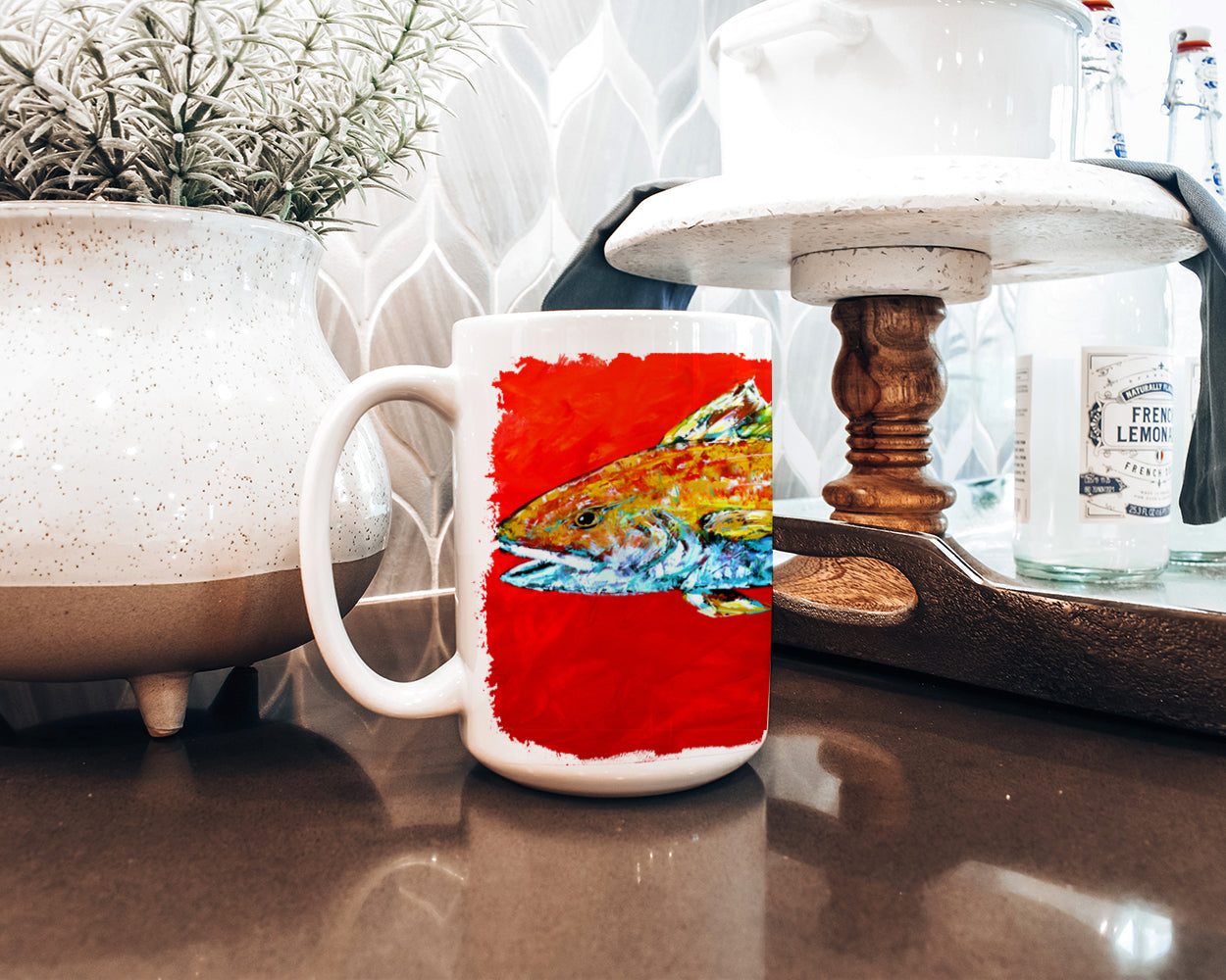 Poisson - Poisson rouge Tête rouge Tasse à café en céramique allant au micro-ondes 15 onces MW1111CM15