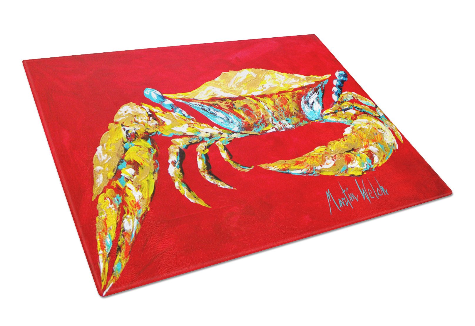 Crab Blue on Red, Sr. Glass Cutting Board Large by Caroline's Treasures