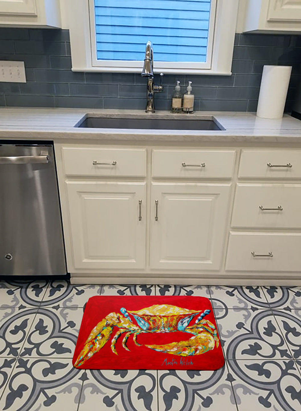 Crab Blue on Red, Sr Machine Washable Memory Foam Mat MW1116RUG - the-store.com