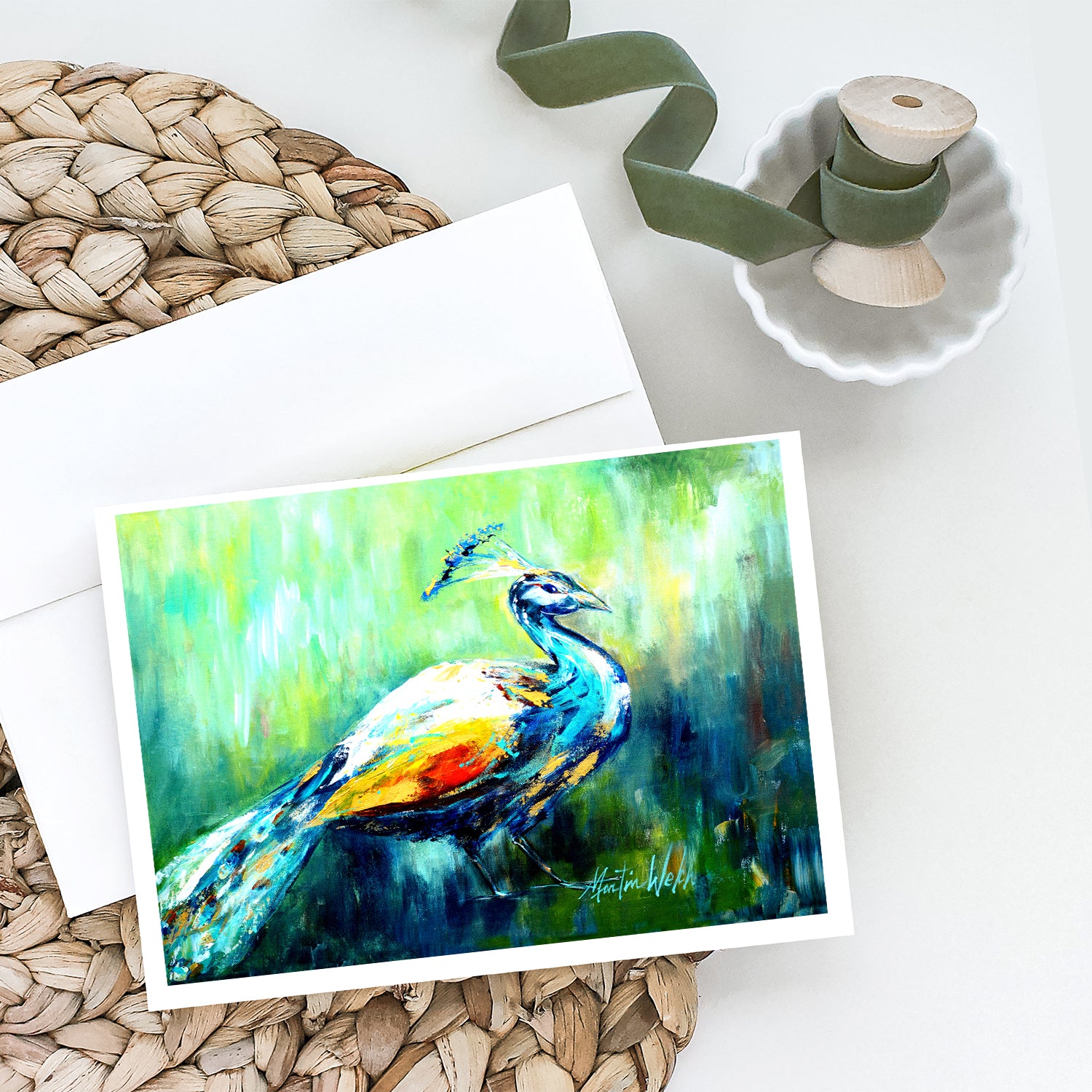 Proud Peacock Green Greeting Cards Pack of 8