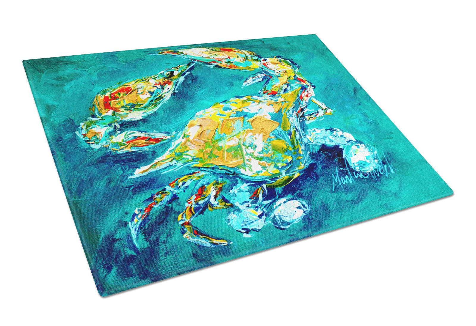 By Chance Crab in Aqua blue Glass Cutting Board Large Size MW1162LCB by Caroline's Treasures