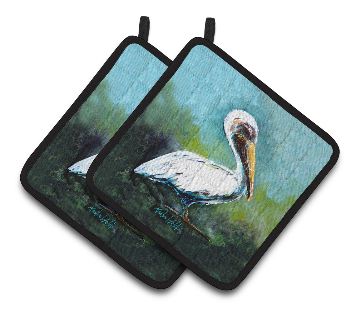 Blue Stand White Pelican Pair of Pot Holders MW1309PTHD by Caroline&#39;s Treasures
