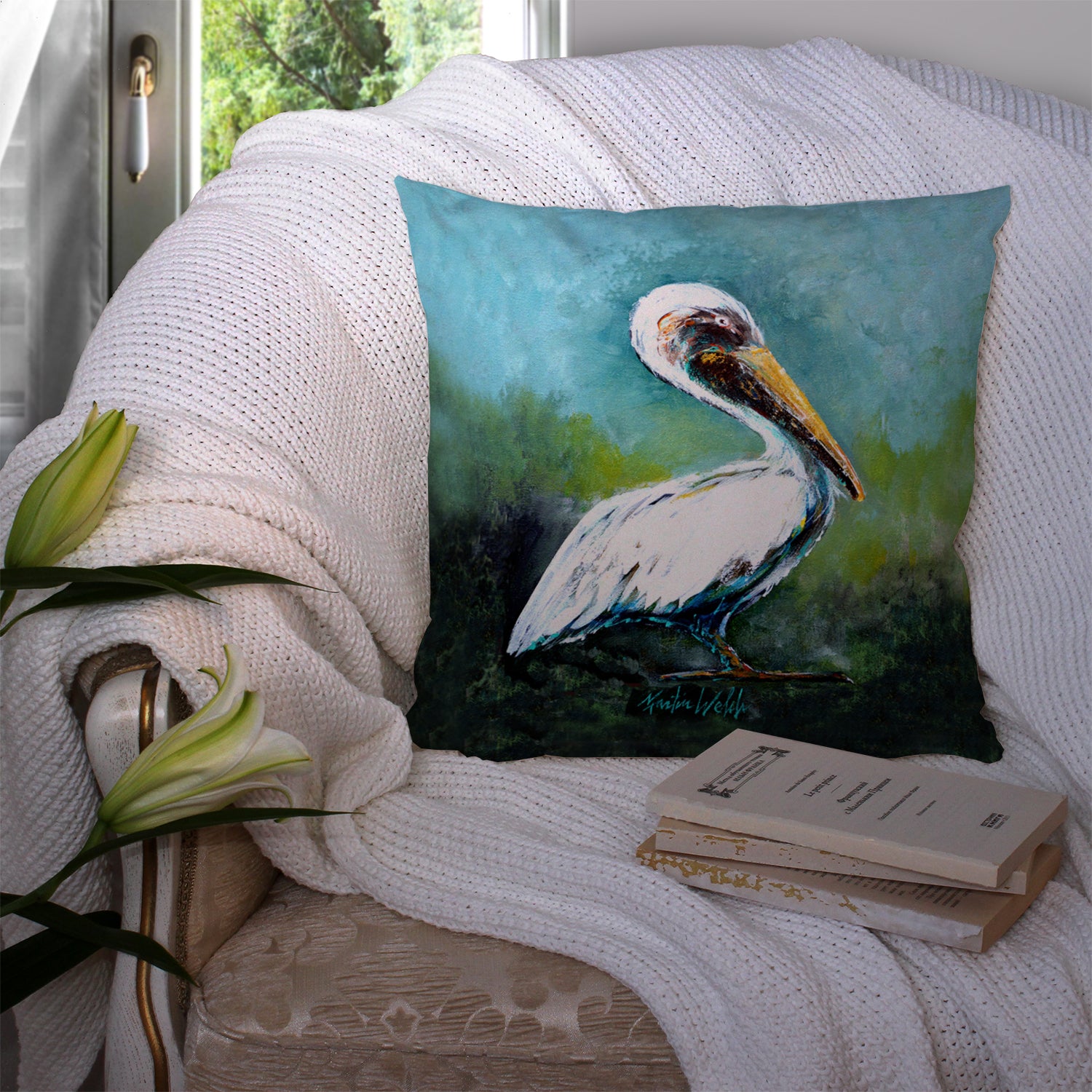 Blue Stand White Pelican Fabric Decorative Pillow MW1309PW1414 - the-store.com