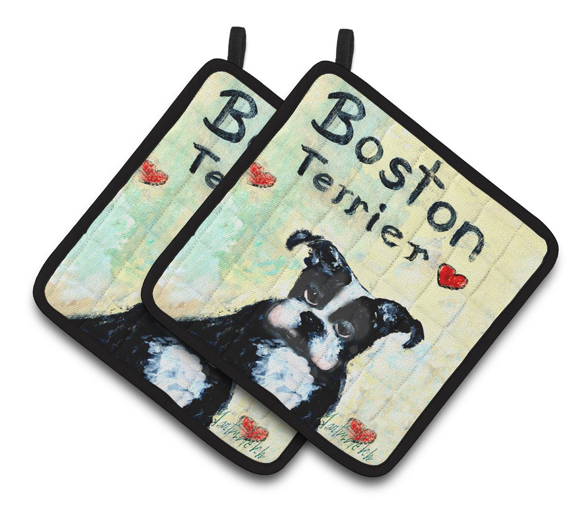 Boston Terrier Where&#39;s my Bibb Pair of Pot Holders MW1316PTHD by Caroline&#39;s Treasures