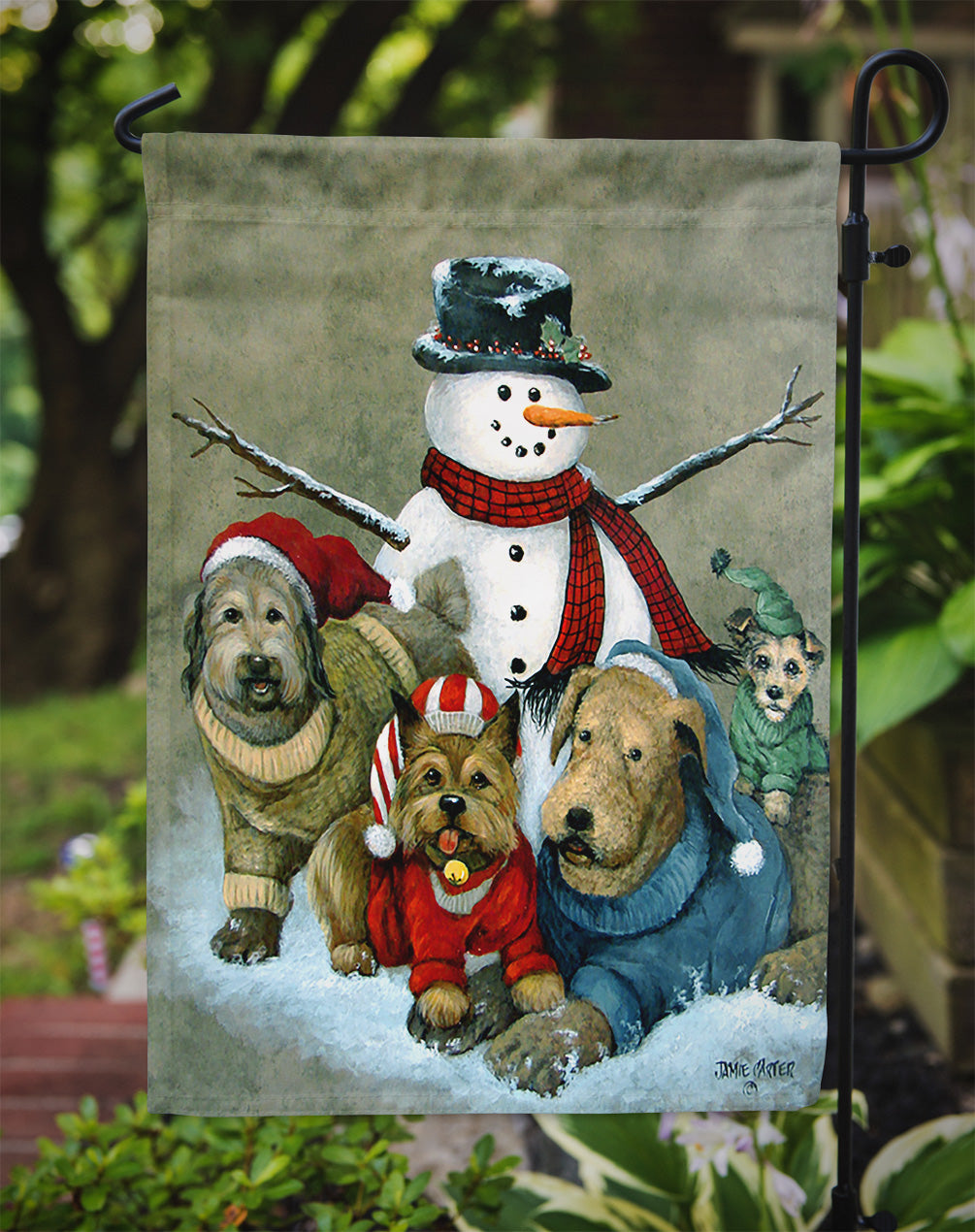 Gather your Friends Snowman with Dogs Flag Garden Size