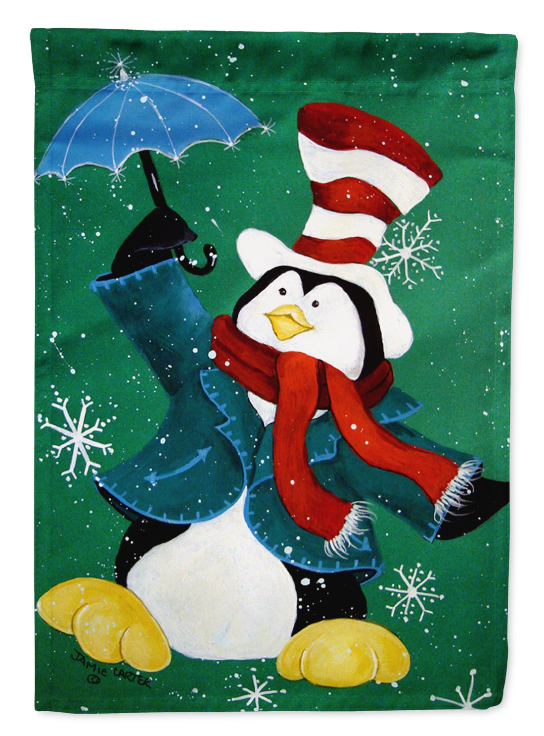 Just Dropping In To Say Hello Christmas Penguin  Flag Canvas House Size PJC1015CHF  the-store.com.