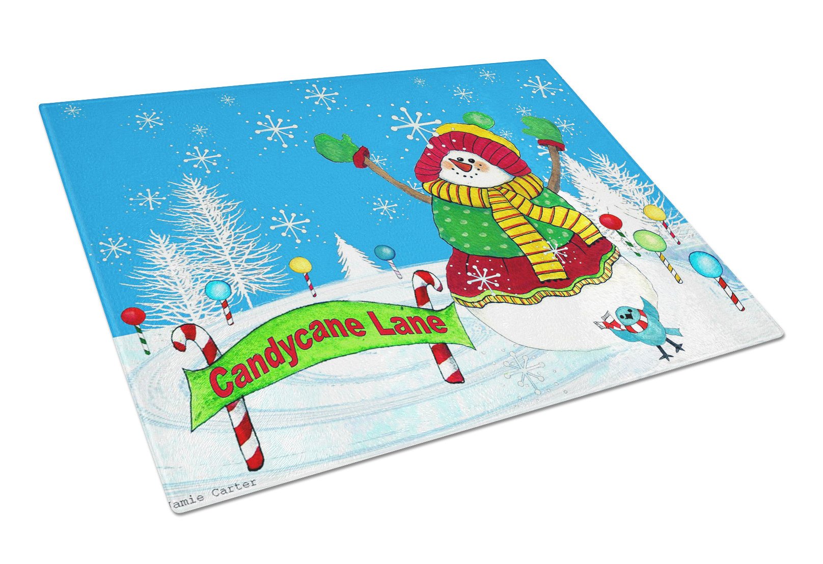 Candy Cane Lane Snowman Glass Cutting Board Large PJC1075LCB by Caroline's Treasures
