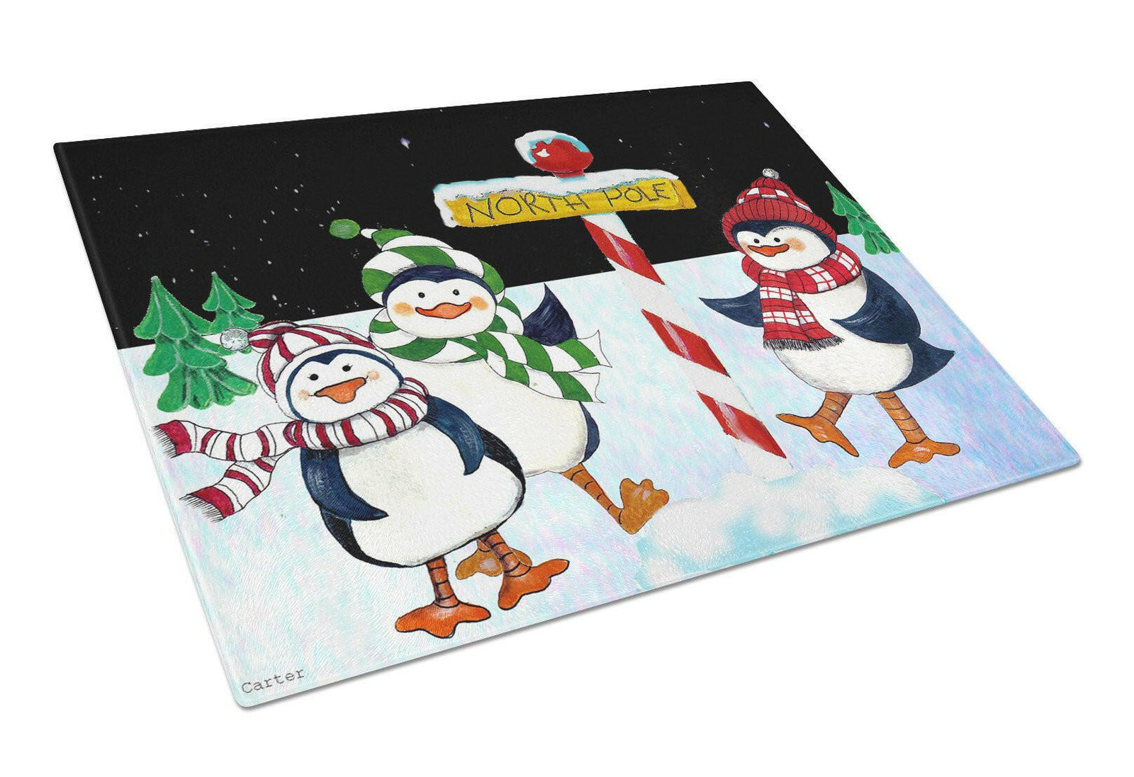 North Pole Welcomes You Penguins Glass Cutting Board Large PJC1082LCB by Caroline's Treasures