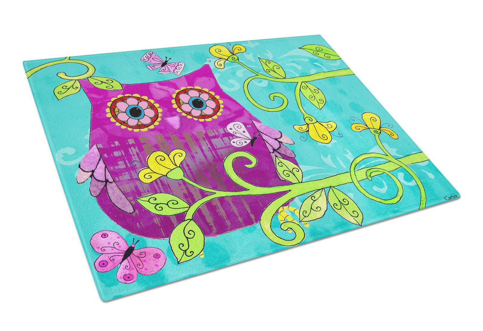 Sittin in the Flowers Owl Glass Cutting Board Large PJC1093LCB by Caroline's Treasures