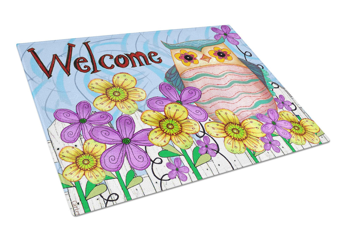 Welcome Owl Glass Cutting Board Large PJC1095LCB by Caroline&#39;s Treasures