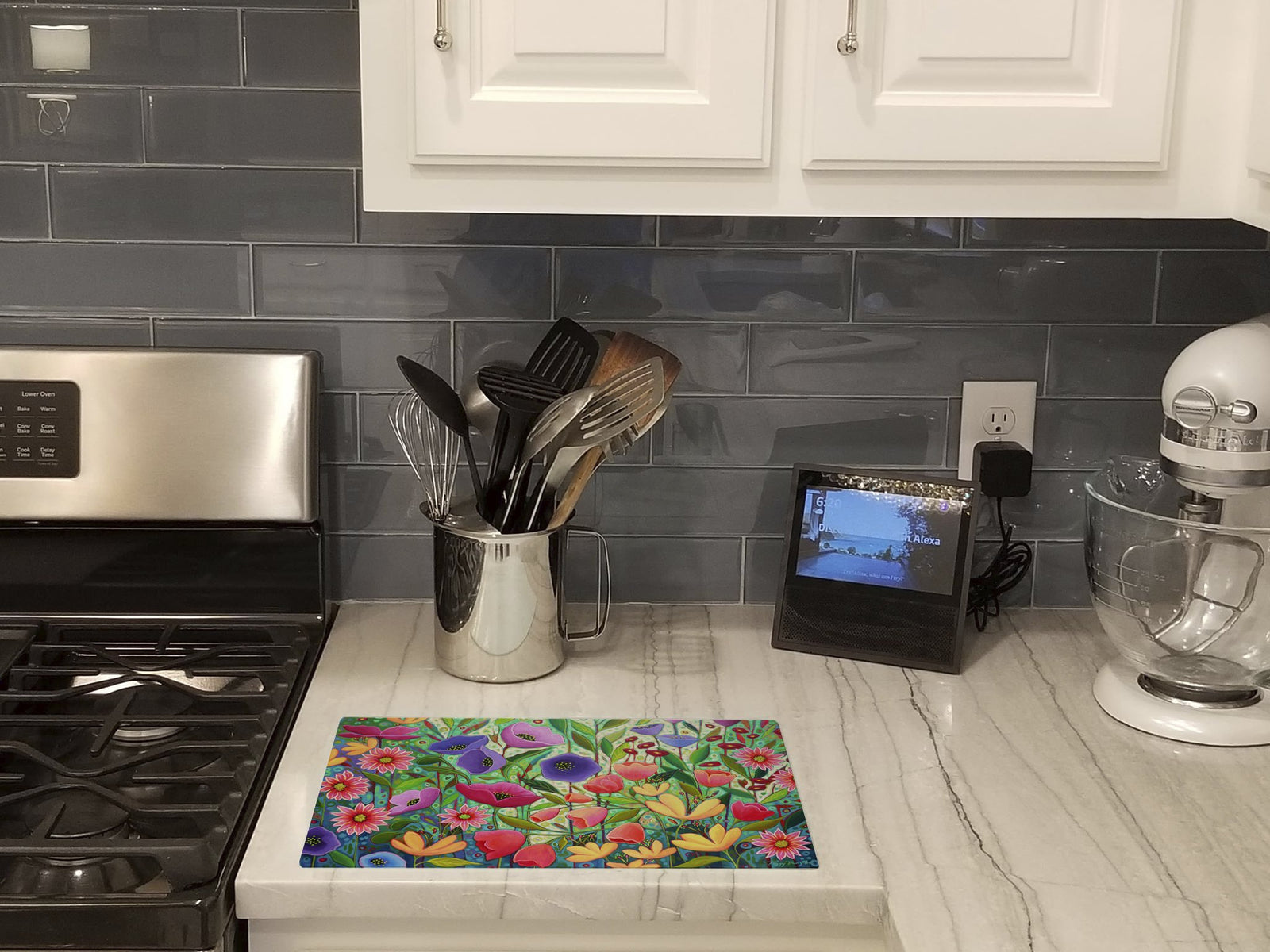 Caroline's Treasures Enchanted Garden Flowers Glass Cutting Boards – Durable, Decorative Kitchen Art Large PPD3013LCB