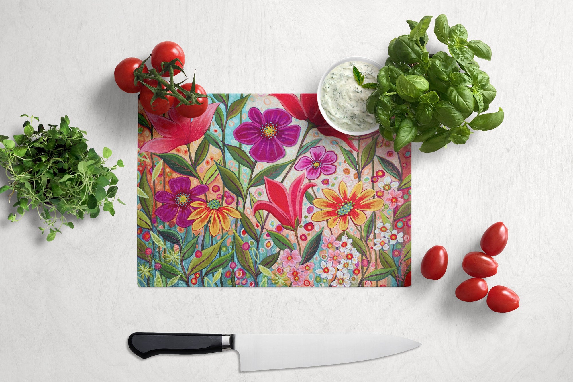 Fanciful Flowers Glass Cutting Board Large PPD3015LCB by Caroline's Treasures