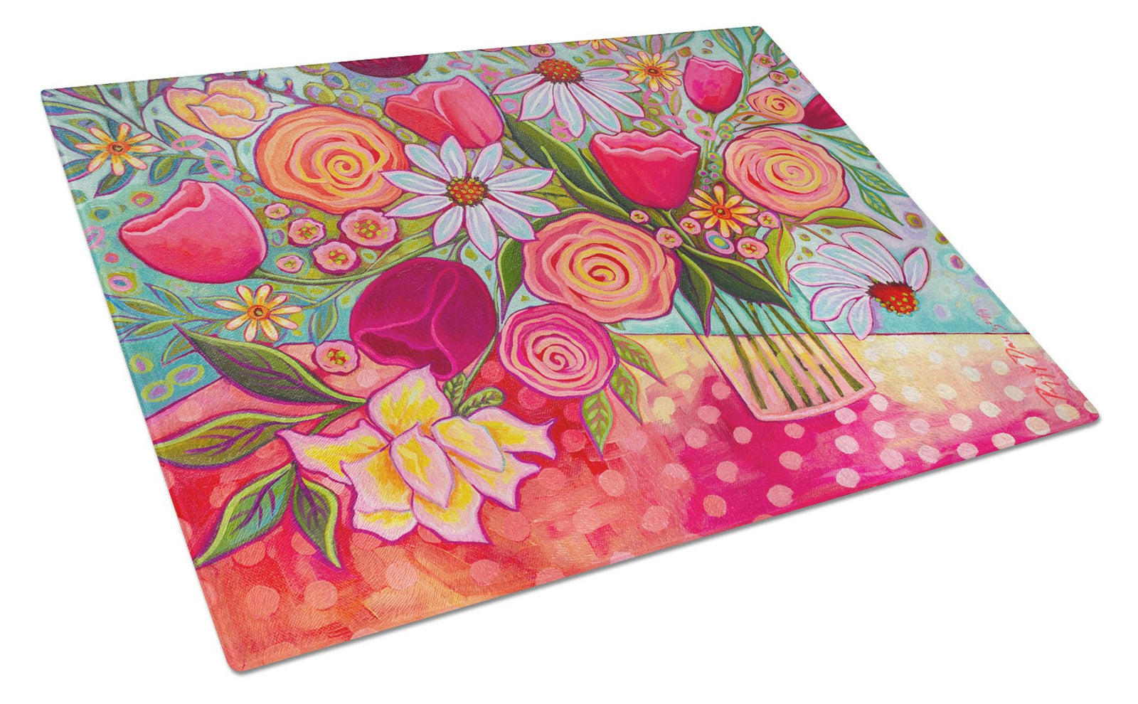 Polka Dots Flowers Glass Cutting Board Large PPD3019LCB by Caroline's Treasures
