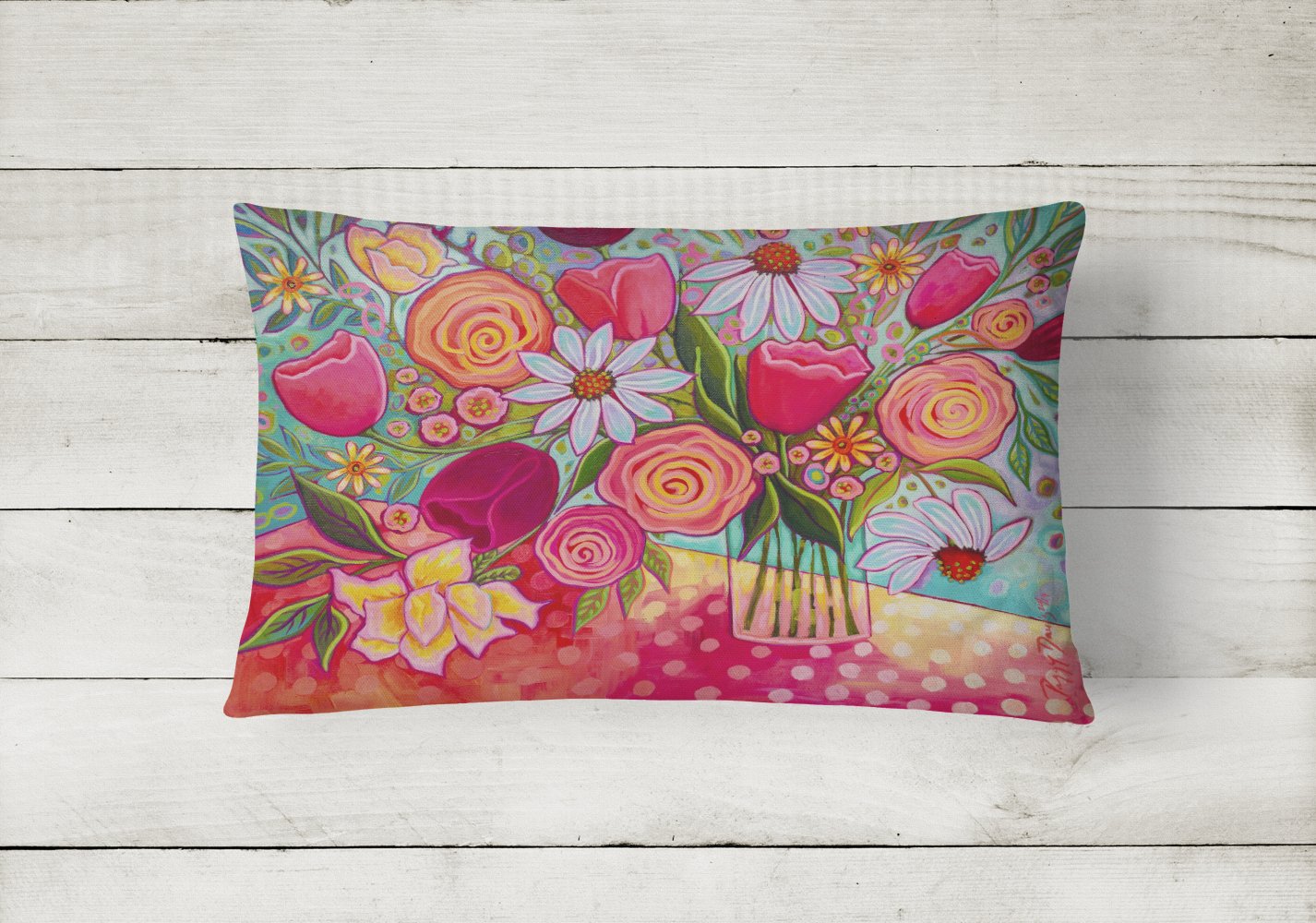 Caroline's Treasures Polka Dots Flowers Canvas Fabric Decorative Pillow PPD3019PW1216