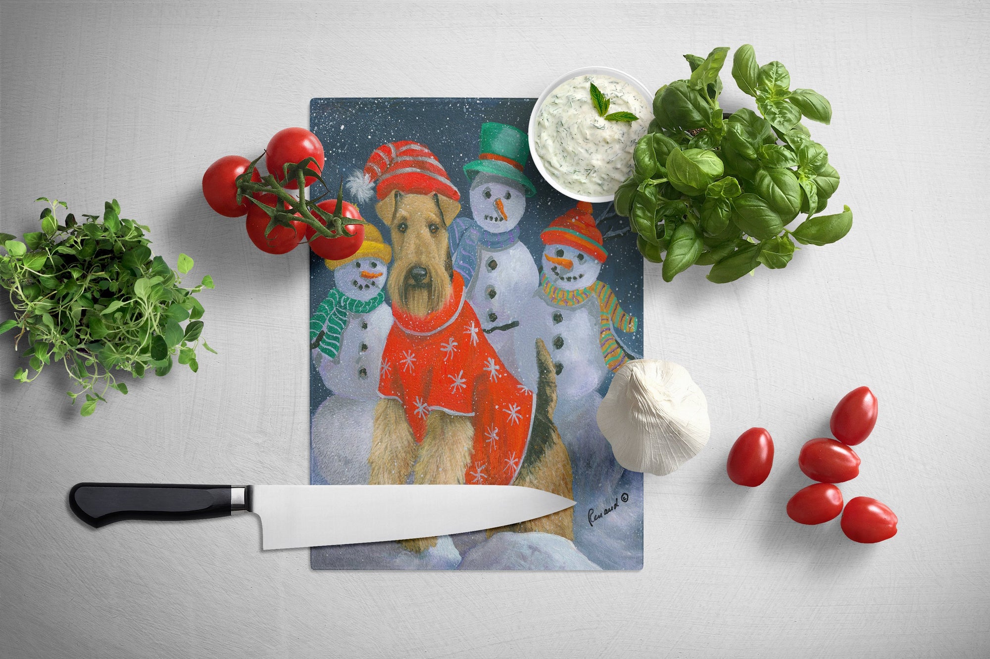 Airedale Snowpeople Christmas Glass Cutting Board Large PPP3005LCB by Caroline's Treasures