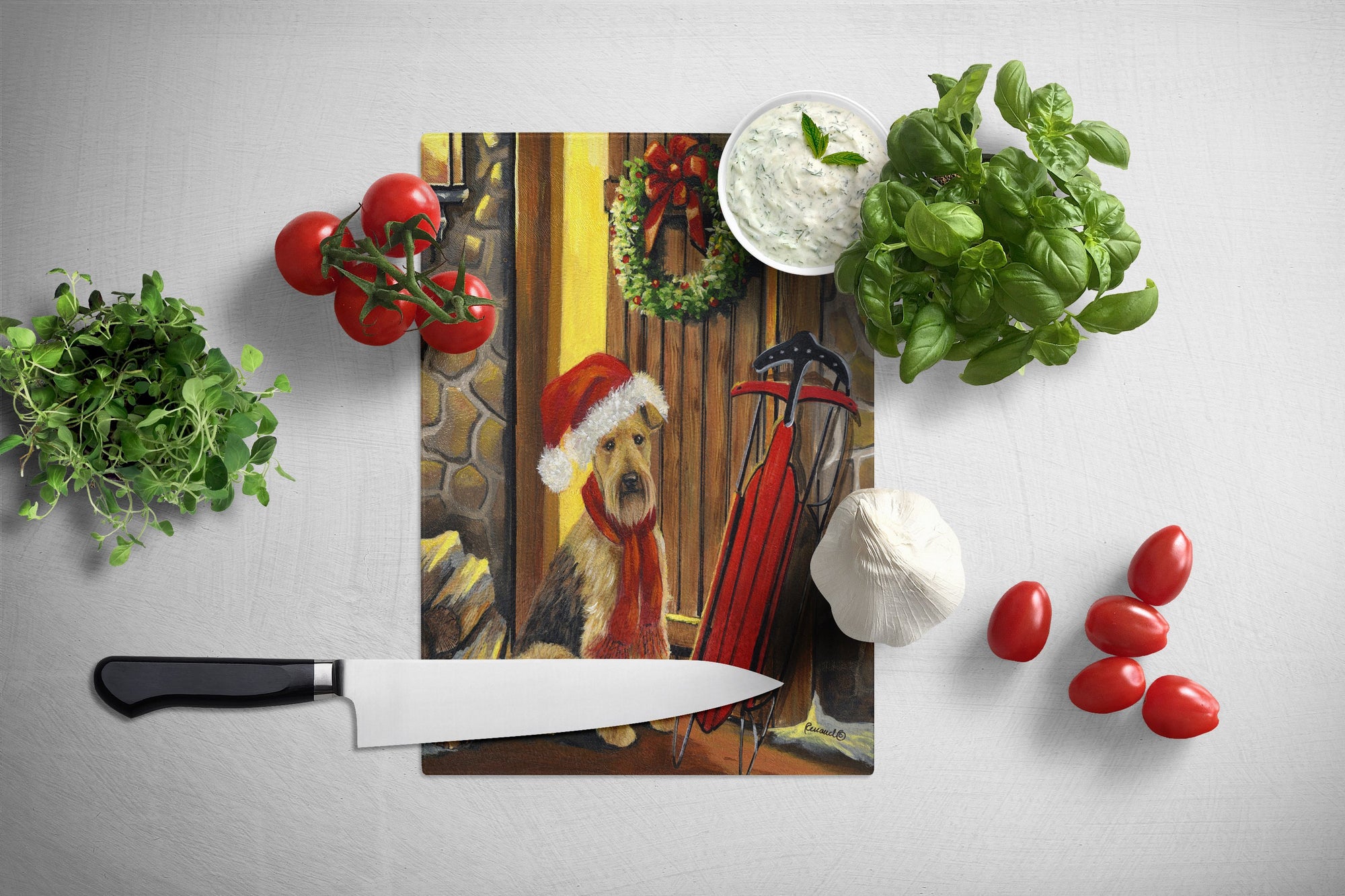 Airedale Welcome Home Christmas Glass Cutting Board Large PPP3007LCB by Caroline's Treasures