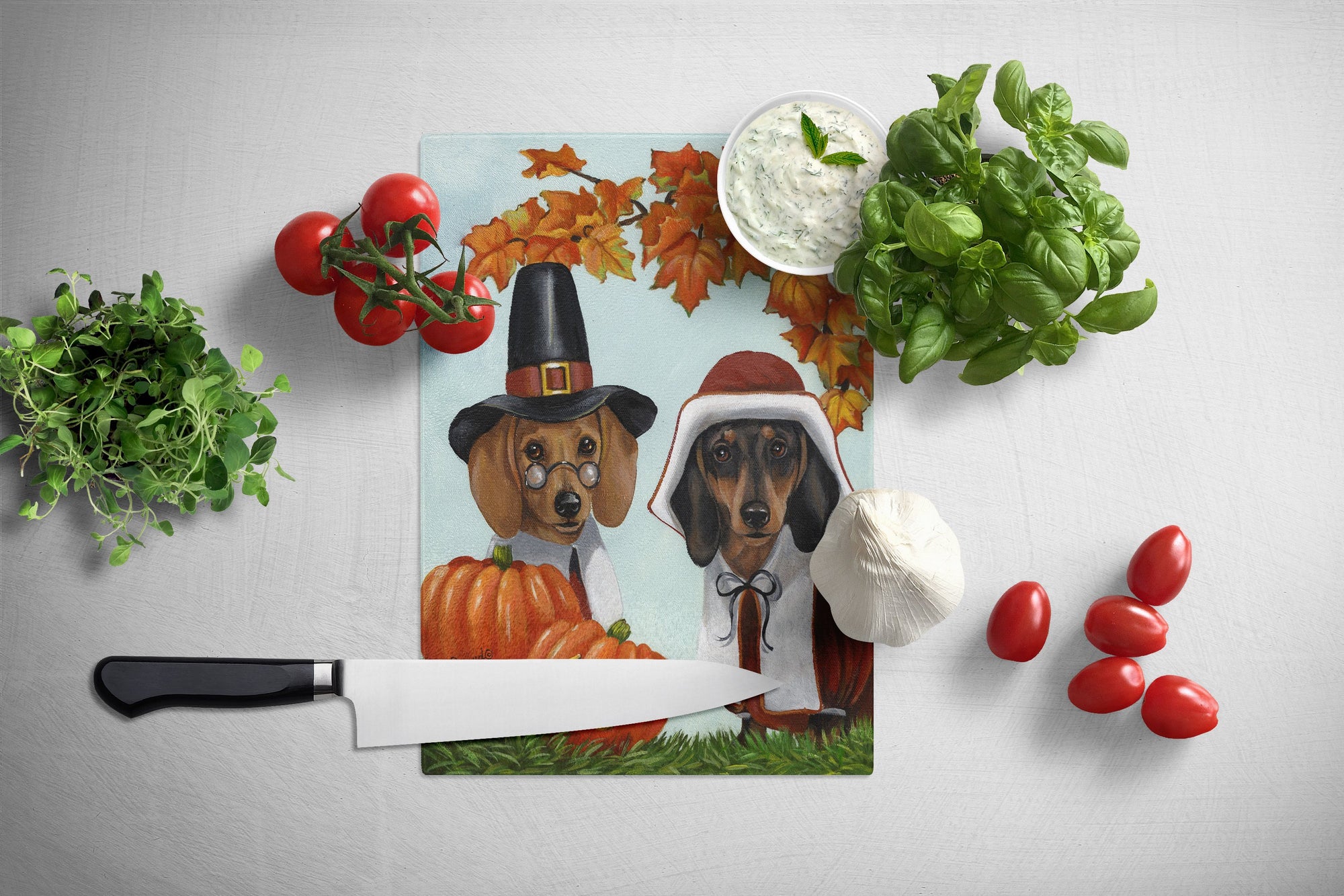 Dachshund Thanksgiving Pilgrims Glass Cutting Board Large PPP3087LCB by Caroline's Treasures