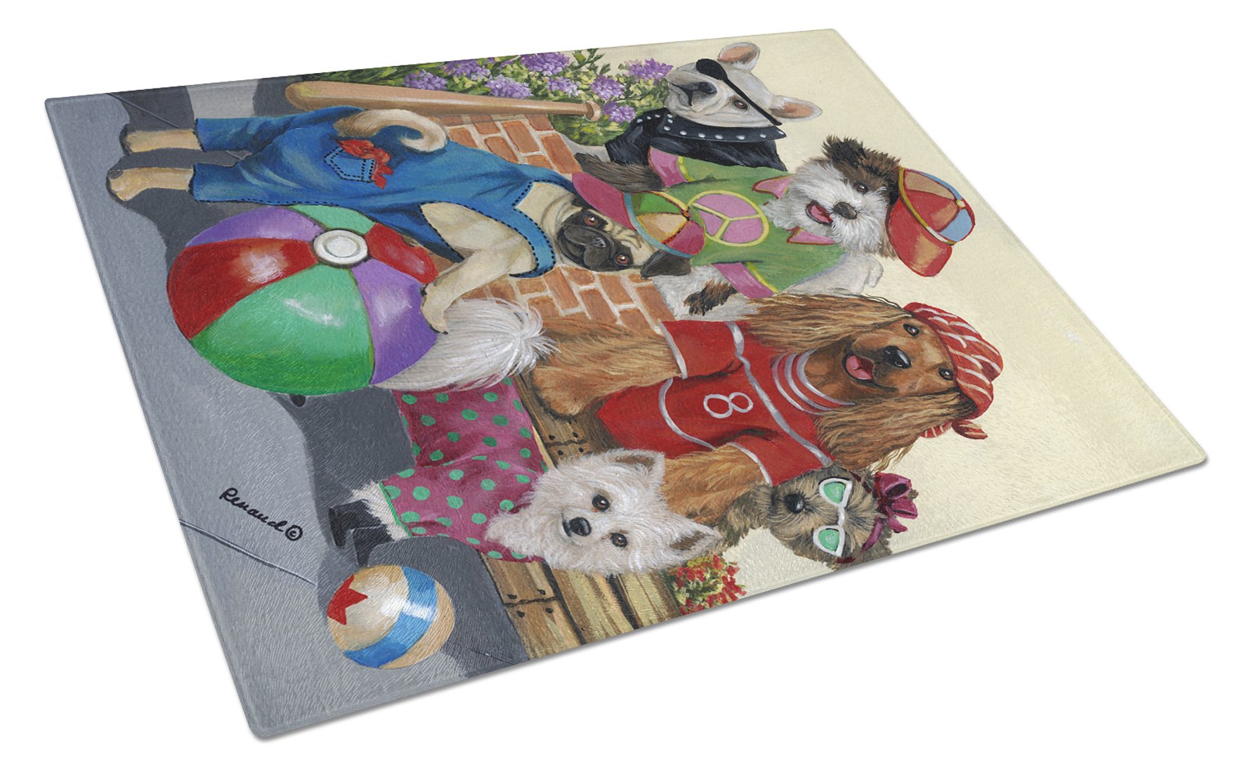 Dogs Mutli-Breed Neighborhood Glass Cutting Board Large PPP3115LCB by Caroline's Treasures