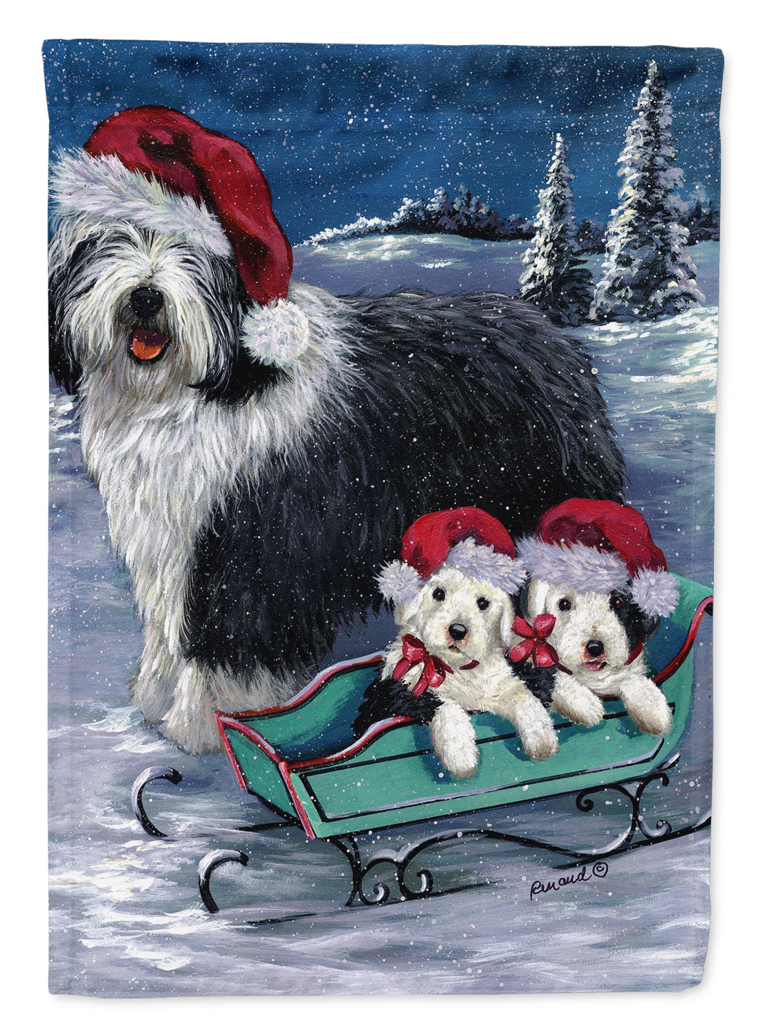 Old English Sheepdog Christmas Snow Flag Canvas House Size PPP3120CHF  the-store.com.