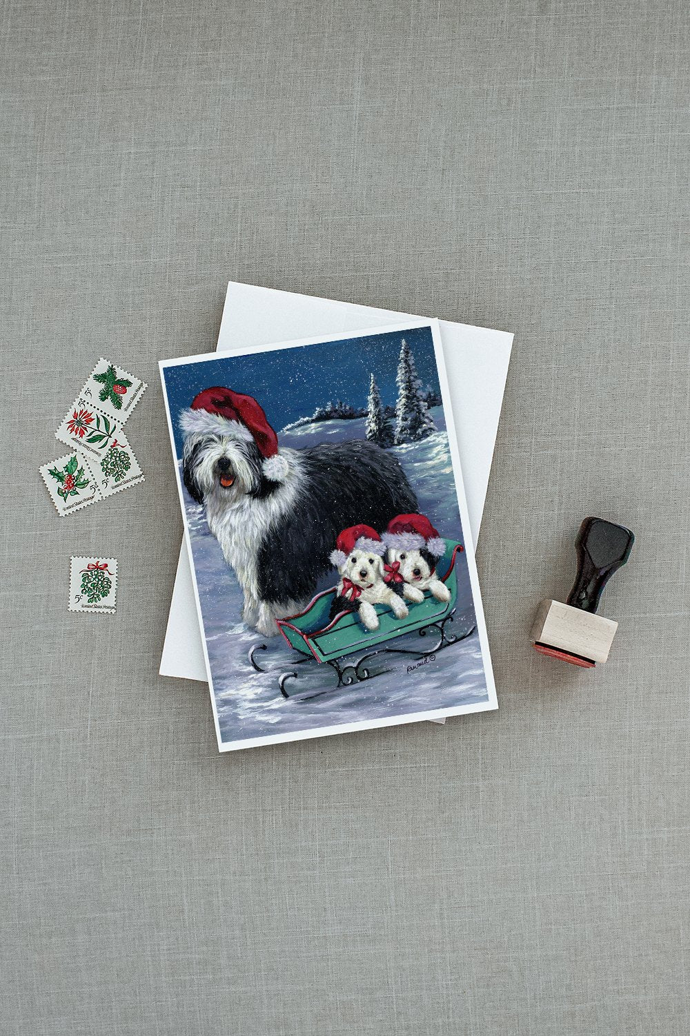 Old English Sheepdog Christmas Snow Greeting Cards and Envelopes Pack of 8 - the-store.com
