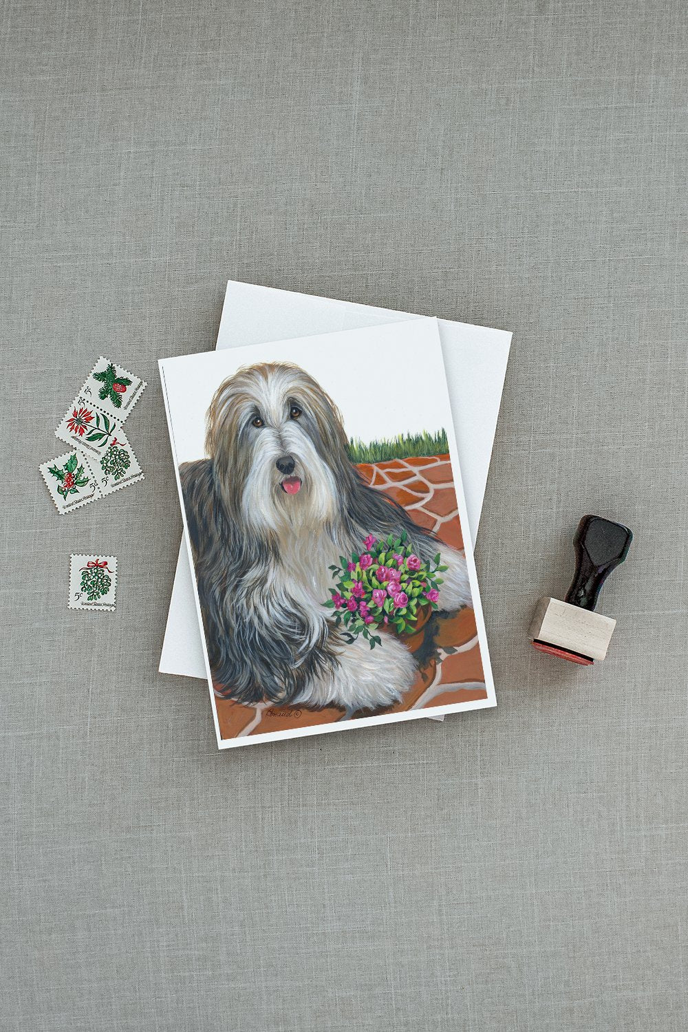 Bearded Collie Pot of Roses Greeting Cards and Envelopes Pack of 8 - the-store.com