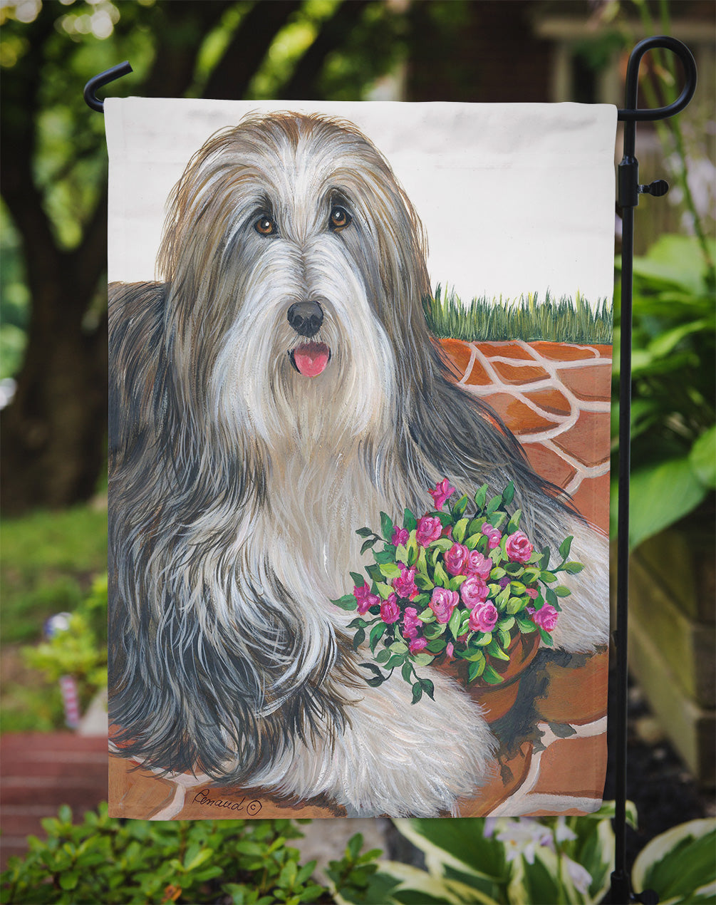 Bearded Collie Pot of Roses Flag Garden Size PPP3141GF  the-store.com.