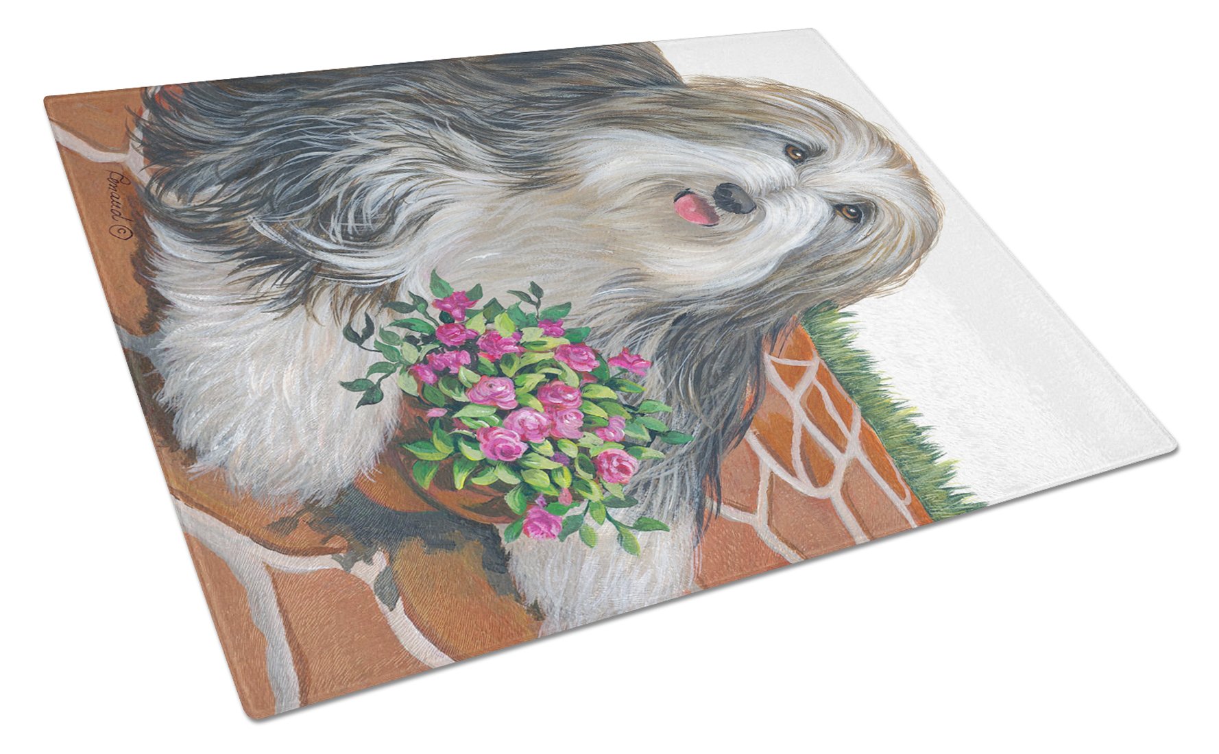Bearded Collie Pot of Roses Glass Cutting Board Large PPP3141LCB by Caroline's Treasures