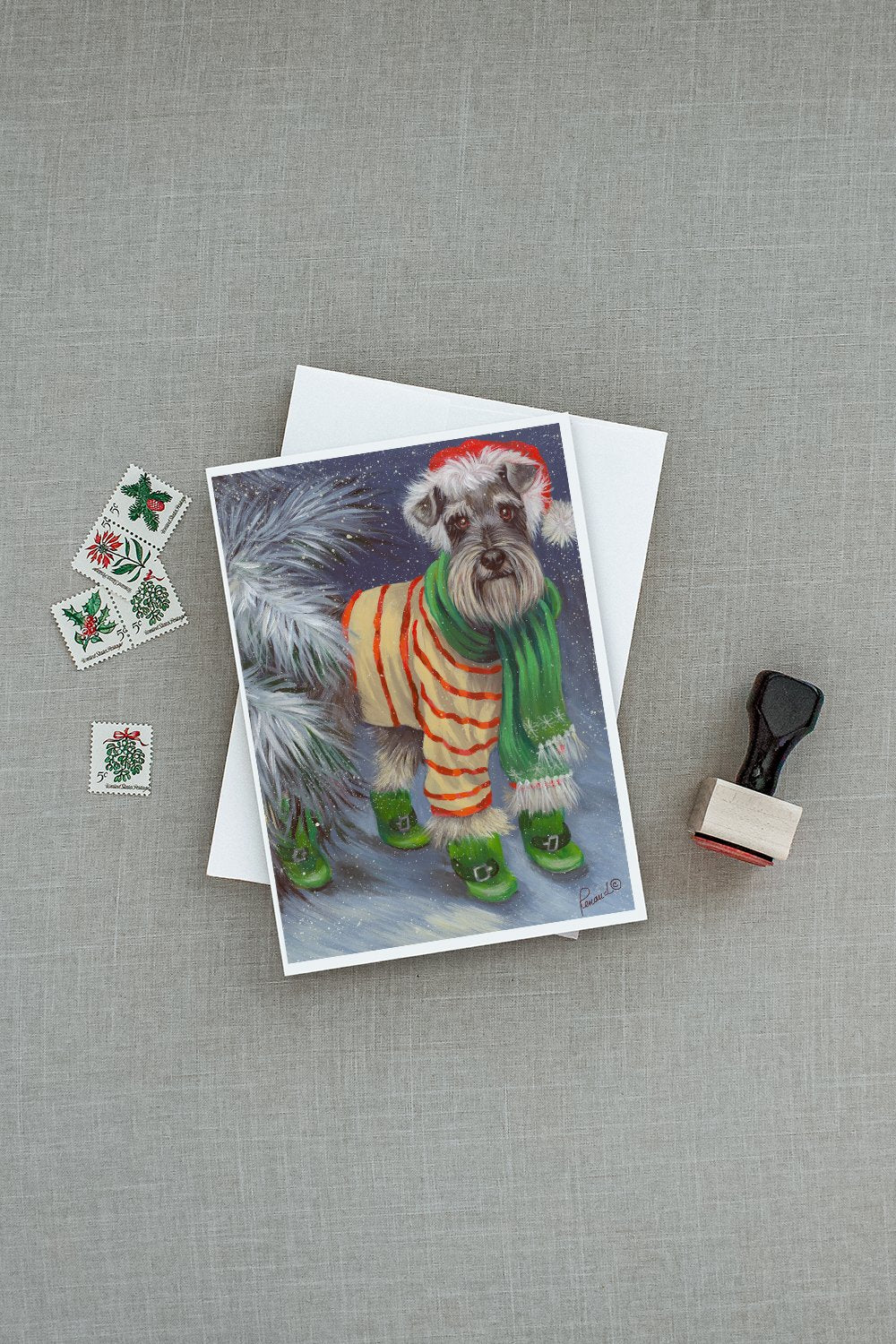 Schnauzer Christmas Green Boots Greeting Cards and Envelopes Pack of 8 - the-store.com