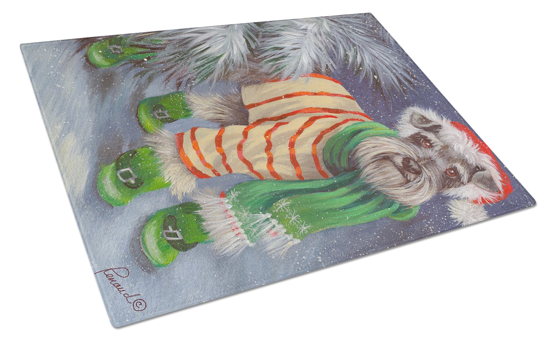 Schnauzer Christmas Green Boots Glass Cutting Board Large PPP3160LCB by Caroline's Treasures