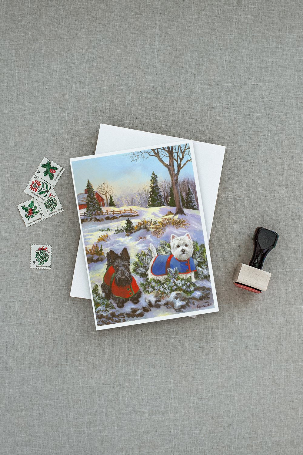 Scottie and Westie Christmas Pine Hill Greeting Cards and Envelopes Pack of 8 - the-store.com