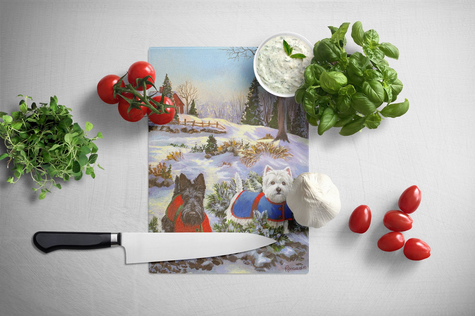 Scottie and Westie Christmas Pine Hill Glass Cutting Board Large PPP3170LCB by Caroline's Treasures