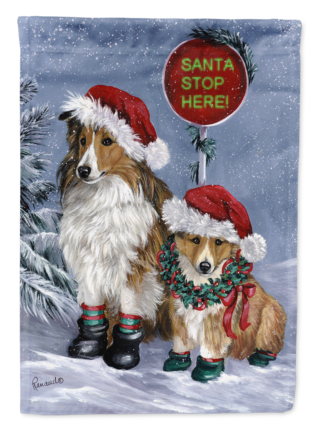Sheltie Christmas Santa Stop Flag Canvas House Size PPP3188CHF  the-store.com.