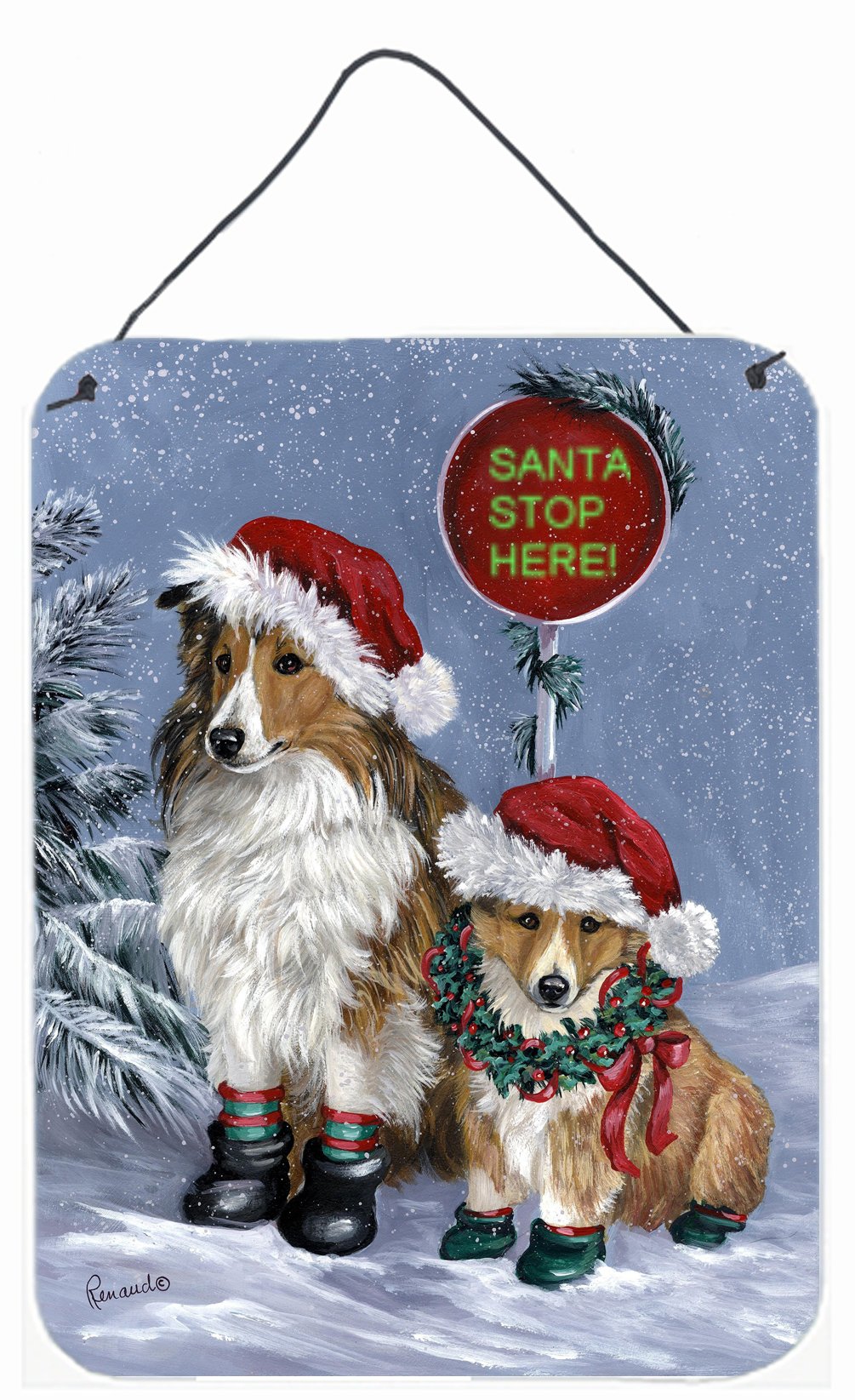 Buy this Sheltie Christmas Santa Stop Wall or Door Hanging Prints PPP3188DS1216