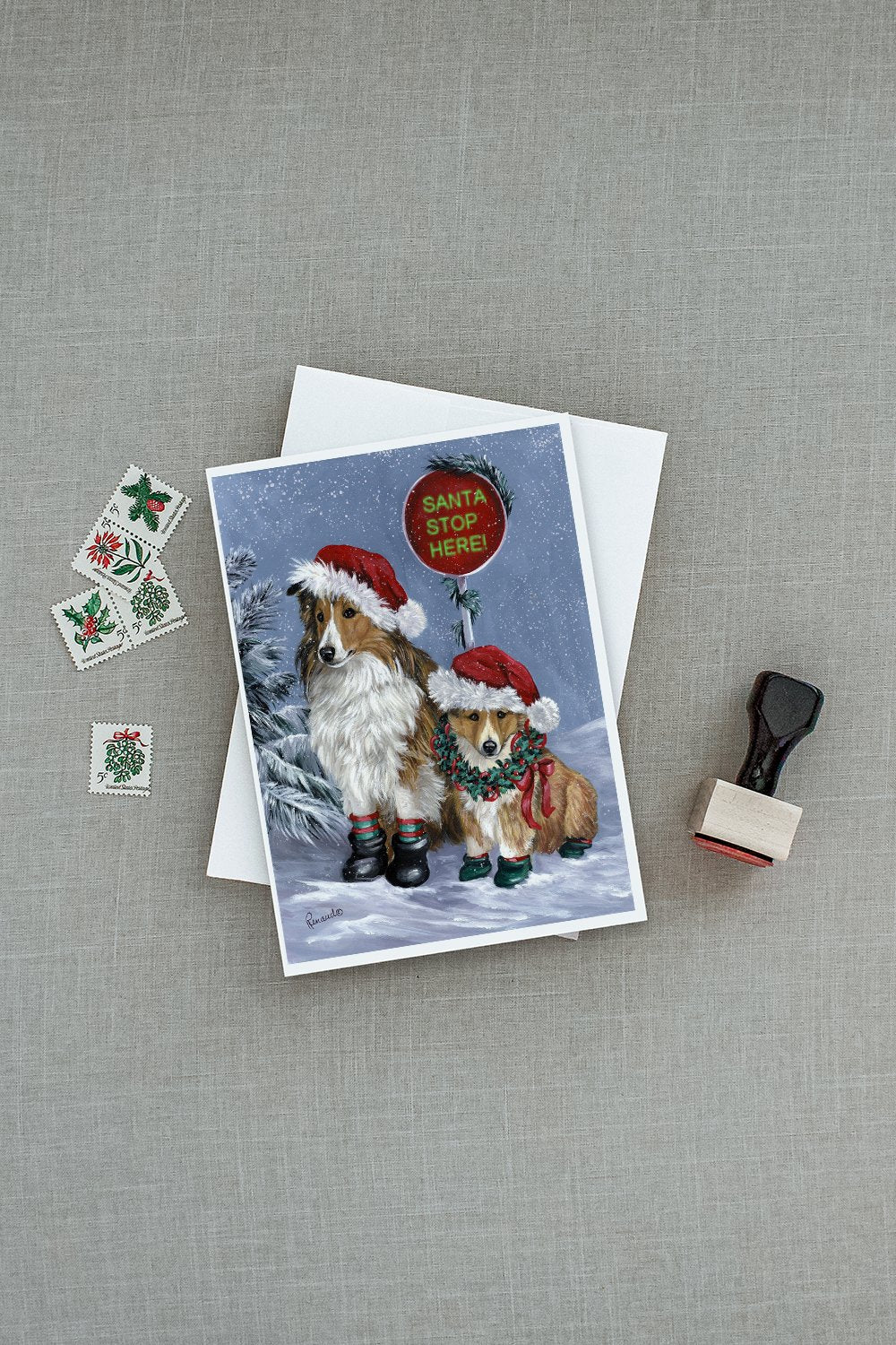 Sheltie Christmas Santa Stop Greeting Cards and Envelopes Pack of 8 - the-store.com