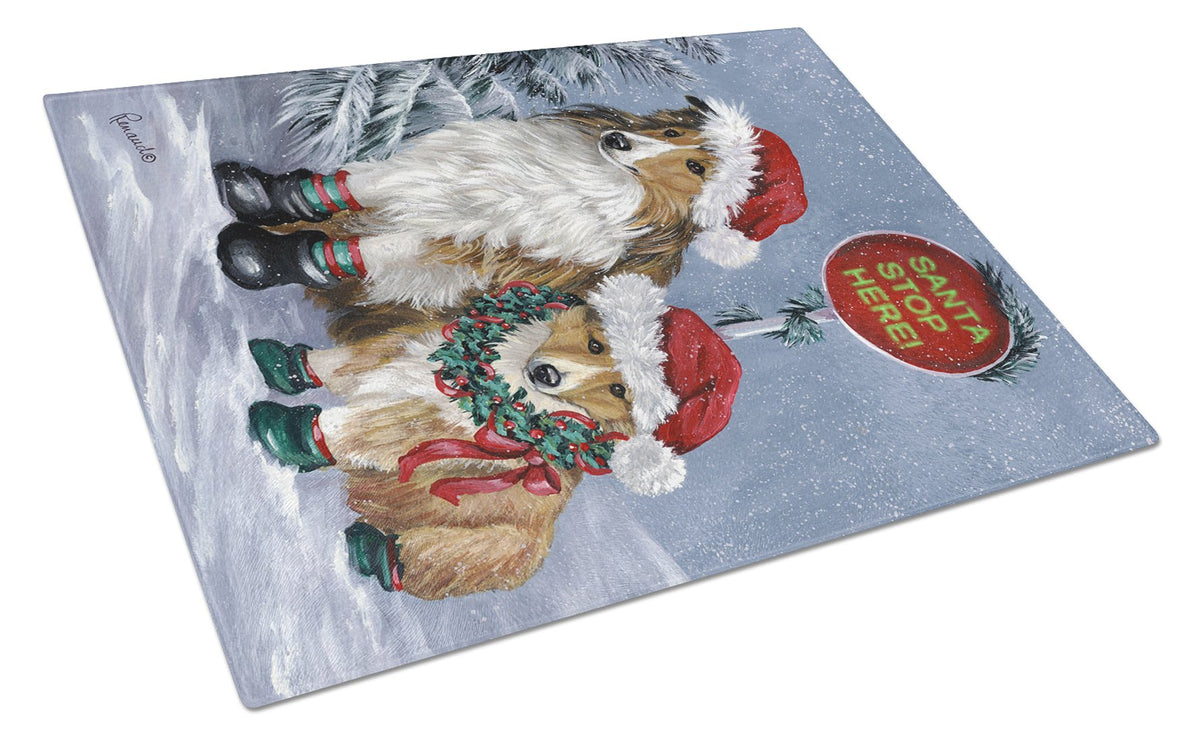 Sheltie Christmas Santa Stop Glass Cutting Board Large PPP3188LCB by Caroline&#39;s Treasures