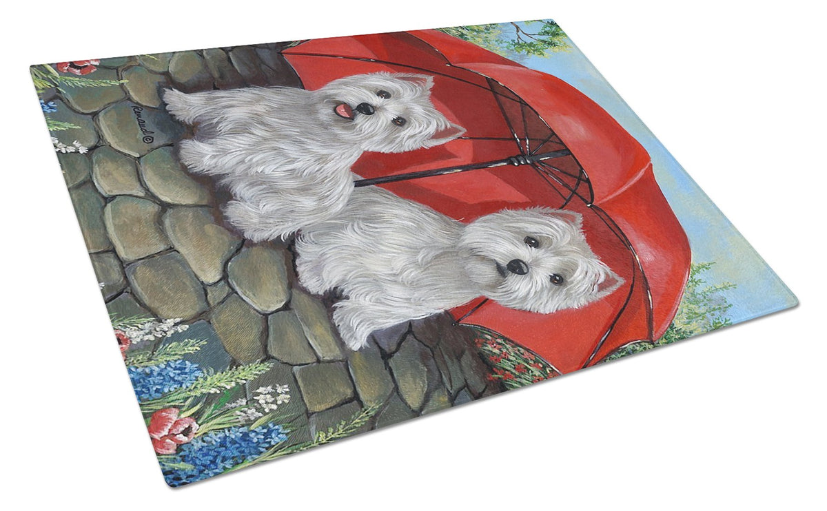 Westie April Showers Glass Cutting Board Large PPP3198LCB by Caroline&#39;s Treasures
