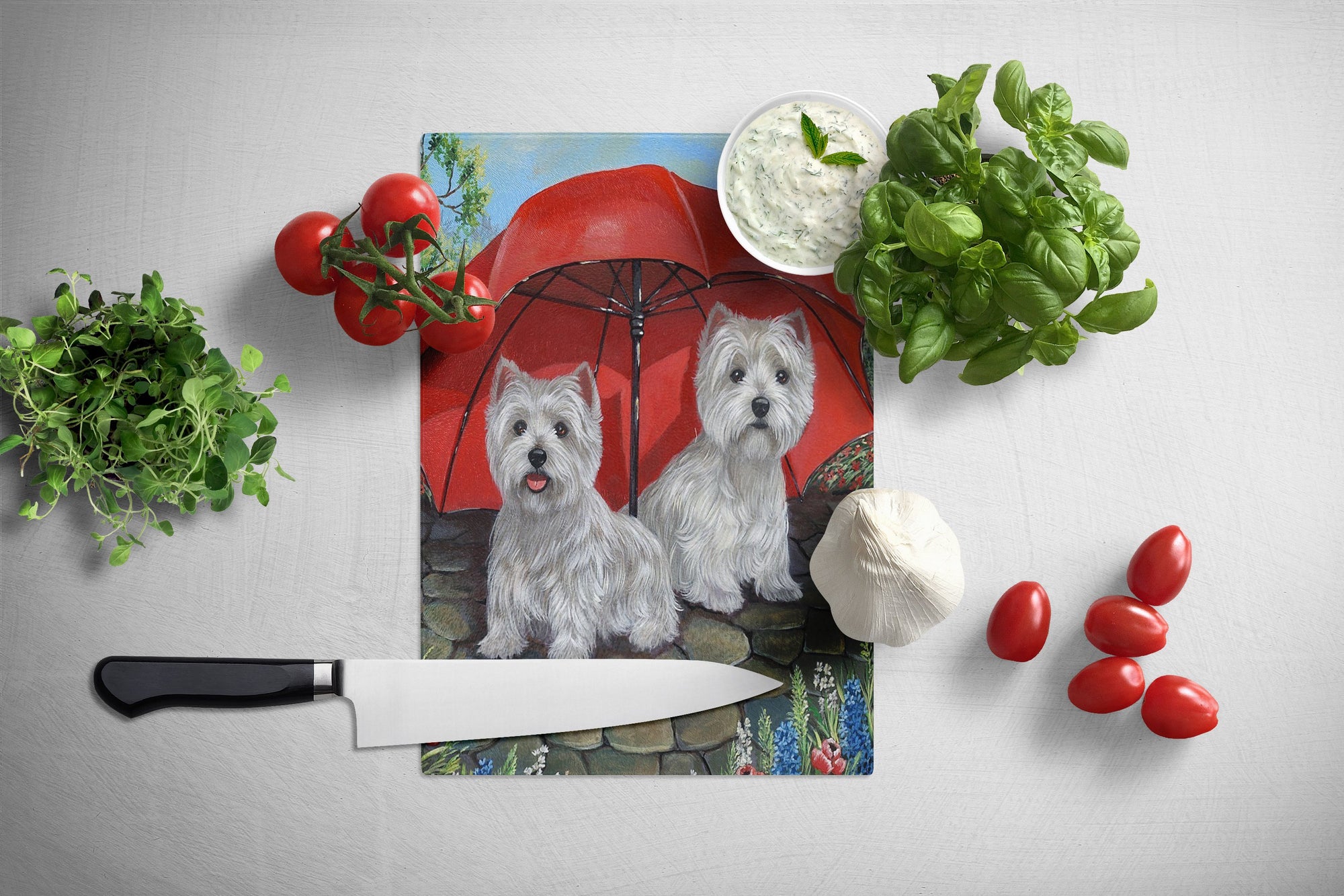 Westie April Showers Glass Cutting Board Large PPP3198LCB by Caroline's Treasures