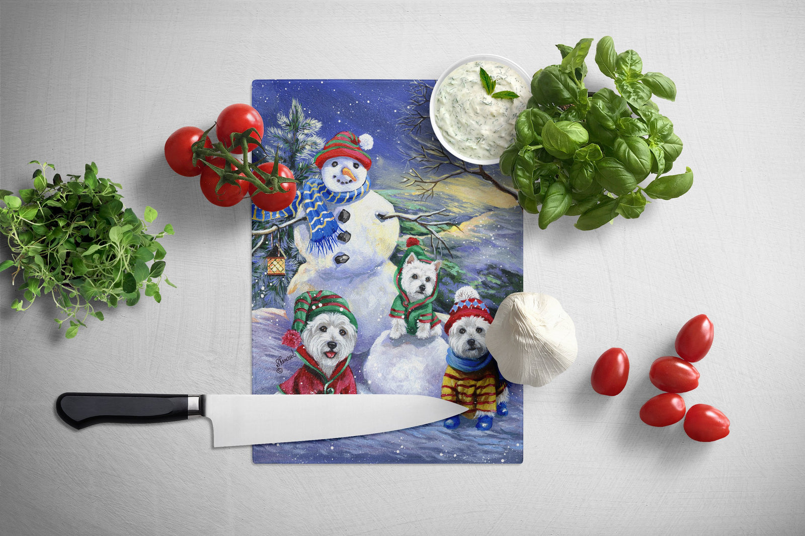 Caroline's Treasures Westie Holiay Snowballs Glass Cutting Boards – Durable, Decorative Kitchen Art Large PPP3208LCB