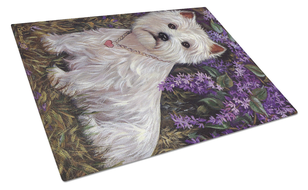 Westie Lily &amp; Lilacs Glass Cutting Board Large PPP3216LCB by Caroline&#39;s Treasures